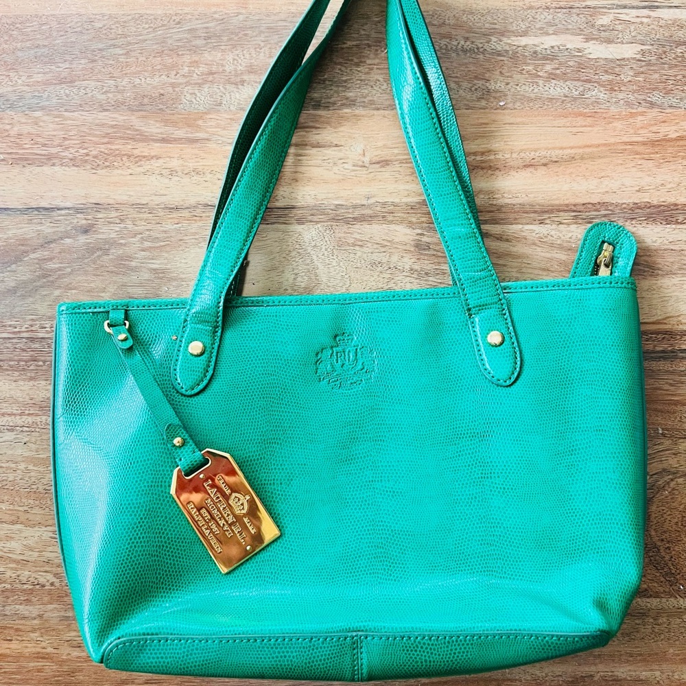 Lauren Ralph Lauren Green Embossed Leather Tote | Structured Shopper Bag
